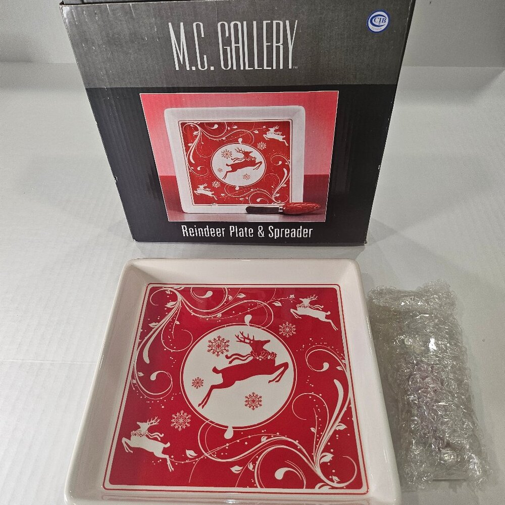 New In Box MC Gallery Reindeer Plate and Spreader by CIB Vintage Christmas Serve